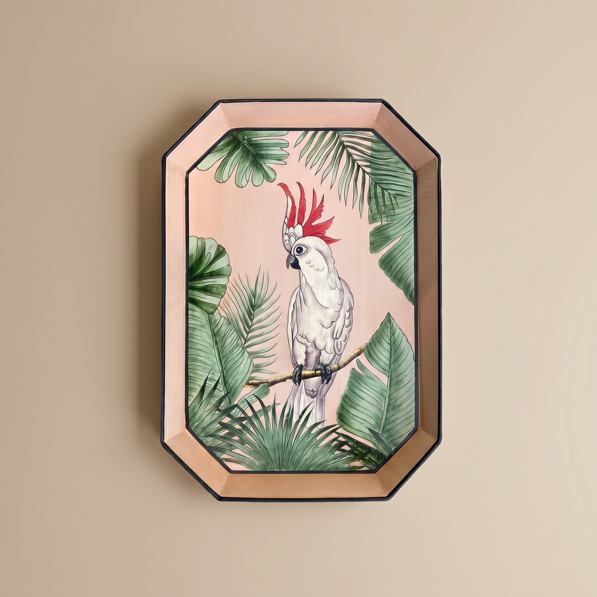 LES OTTOMANS – FLORA HAND-PAINTED IRON TRAY – WHITE PARROTS