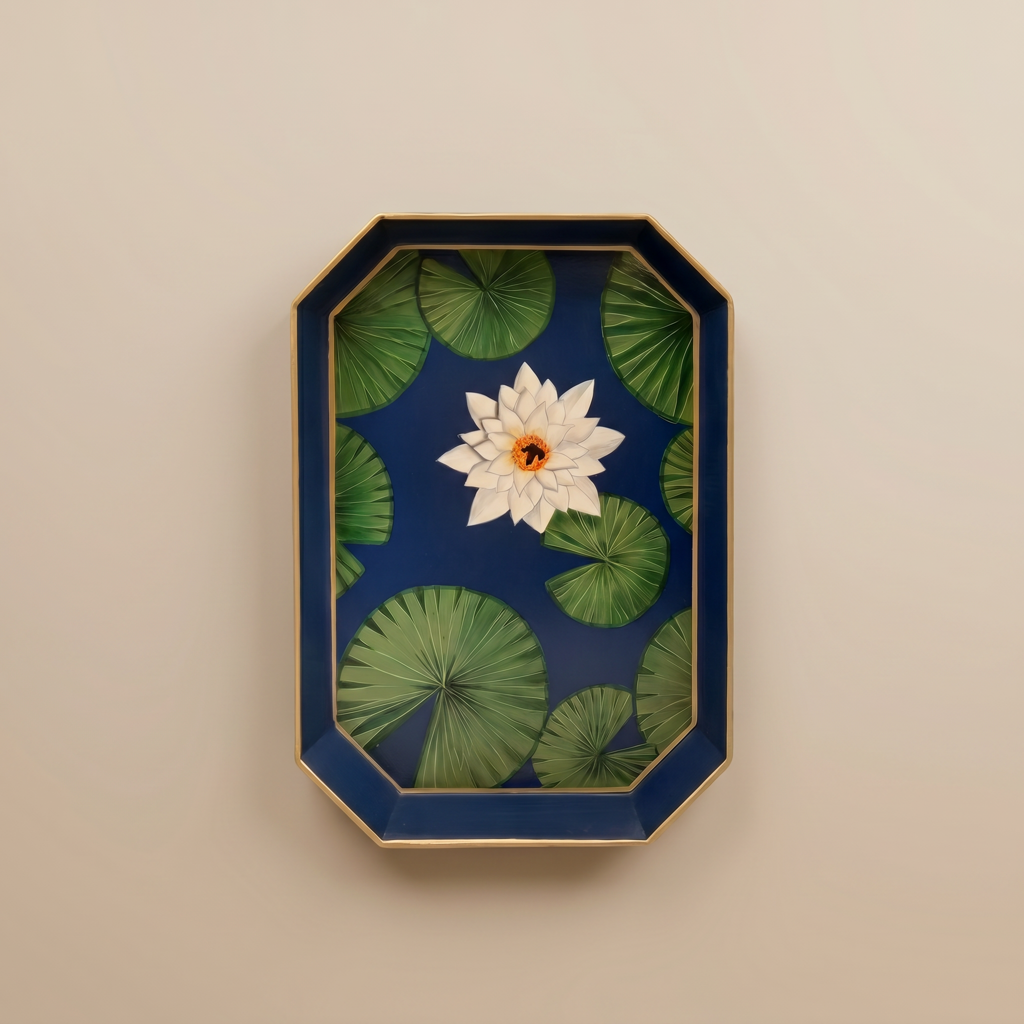 LES OTTOMANS – HAND PAINTED IRON TRAY – LOTUS FLOWER