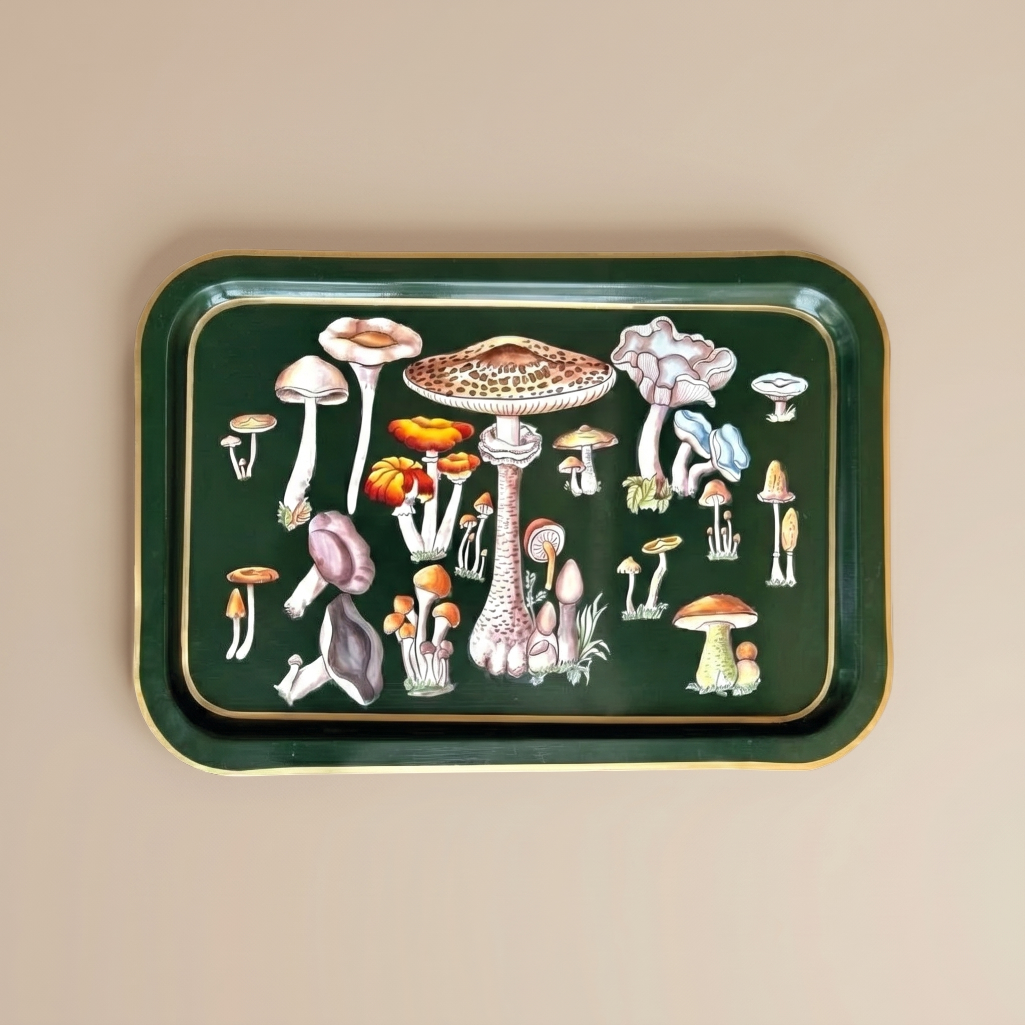 LES OTTOMANS – FLAT RECTANGULAR IRON TRAY – MUSHROOMS
