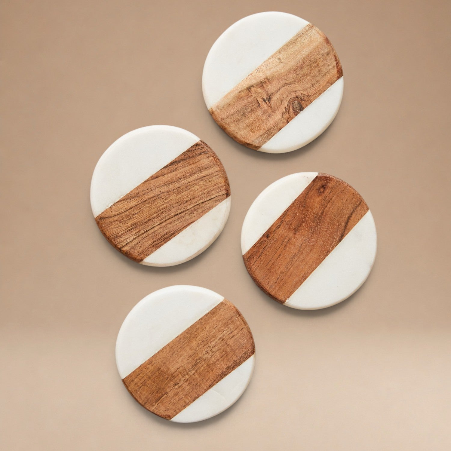 Set 04 Posavasos de Mármol Blanco con Madera