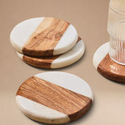Set 04 Posavasos de Mármol Blanco con Madera